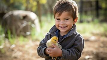 AI generated A young boy grins widely as he holds a tiny and curious baby chick in his hands. photo