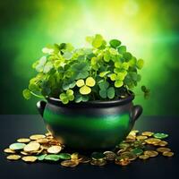 AI generated A vibrant green St. Patrick's Day background featuring a four-leaf clover photo