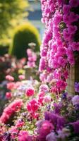 ai generado un maravilloso primavera jardín con vibrante rosado y púrpura flores en lleno floración, foto