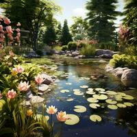 AI generated A serene spring garden with a pond and lily pads, photo