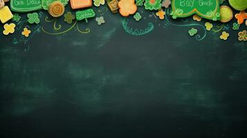 AI generated A playful St. Patrick's Day background with a green chalkboard photo