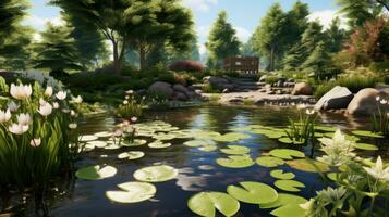 AI generated A serene spring garden with a pond and lily pads, photo