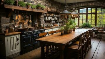 ai generado un rústico y atractivo cocina, completar con de madera encimeras y Clásico decoración, foto