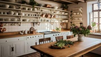 AI generated A rustic and inviting kitchen, complete with wooden countertops and vintage decor, photo