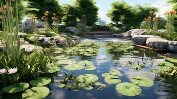 AI generated A serene spring garden with a pond and lily pads, photo