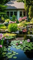 AI generated A serene spring garden with a pond and lily pads, photo