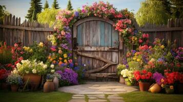 AI generated A picturesque spring garden with a rustic wooden gate and a variety of colorful flowers, photo