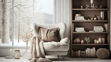 AI generated A reading nook with a comfortable armchair and a bookshelf filled with winter-themed reads, photo
