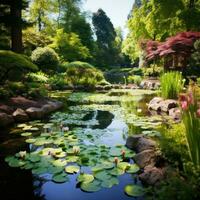 ai generado un sereno primavera jardín con un estanque y lirio almohadillas, foto