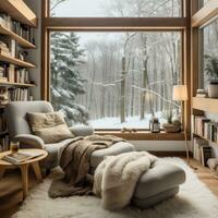 AI generated A reading nook with a comfortable armchair and a bookshelf filled with winter-themed reads, photo