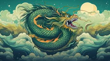AI generated A regal green and gold Chinese dragon, surrounded by swirling clouds and set against a deep blue background photo