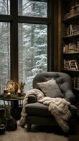 ai generado un leyendo rincón con un cómodo Sillón y un estante para libros lleno con con tema de invierno lee, foto