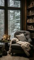 AI generated A reading nook with a comfortable armchair and a bookshelf filled with winter-themed reads, photo