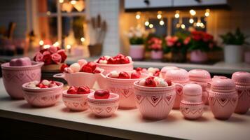 ai generado un cocina decorado con en forma de corazon Galleta cortadores, rojo y rosado utensilios, foto