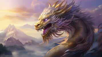 AI generated A majestic Chinese dragon in shades of purple and gold, photo