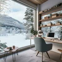 AI generated A home office with a view of a snowy landscape, photo