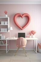 AI generated A minimalist office with a heart-shaped wreath and red and pink stationery provides photo