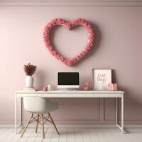 AI generated A minimalist office with a heart-shaped wreath and red and pink stationery provides photo