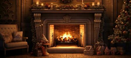 AI generated a fireplace with two fir trees and candle lit in front of the fireplace, photo