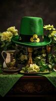 AI generated A festive St. Patrick's Day scene with shamrocks, hats, photo