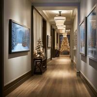 AI generated A hallway adorned with winter-themed artwork and decor, photo