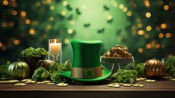 AI generated A festive St. Patrick's Day scene with shamrocks, hats, photo