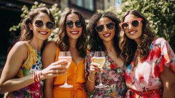 AI generated A group of stylish friends pose for a fun photo at a spring party,