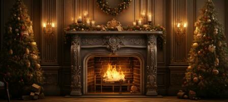 AI generated a fireplace with two fir trees and candle lit in front of the fireplace, photo