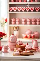 AI generated A kitchen decorated with heart-shaped cookie cutters, red and pink utensils, photo