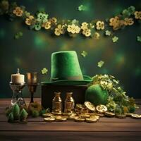 AI generated A festive St. Patrick's Day scene with shamrocks, hats, photo