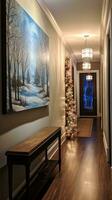 AI generated A hallway adorned with winter-themed artwork and decor, photo