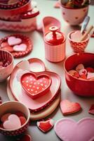 ai generado un cocina decorado con en forma de corazon Galleta cortadores, rojo y rosado utensilios, foto