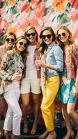 AI generated A group of stylish friends pose for a fun photo at a spring party,
