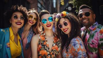 ai generado un grupo de elegante amigos actitud para un divertido foto a un primavera fiesta,