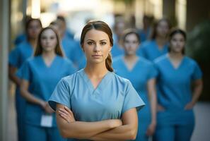 ai generado un hembra enfermero es en pie en frente de un grupo de gente, yo foto