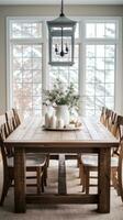 AI generated A dining room with a rustic farmhouse table and wintery centerpieces, photo