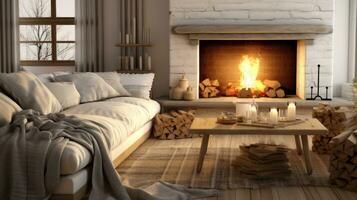 AI generated A cozy living room with a fireplace as the centerpiece, adorned with warm blankets and soft photo