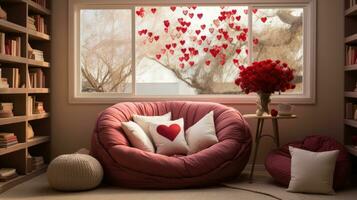 AI generated A cozy living room with a fireplace, decorated with heart-shaped garlands and candles, photo