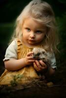 AI generated A curious little girl peers in wonder at a tiny and fuzzy baby hedgehog resting in her hands. photo