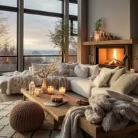 AI generated A cozy living room with a fireplace as the centerpiece, adorned with warm blankets and soft photo