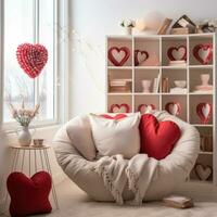 AI generated A cozy living room with a fireplace, decorated with heart-shaped garlands and candles, photo