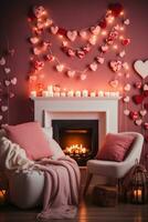 AI generated A cozy living room with a fireplace, decorated with heart-shaped garlands and candles, photo