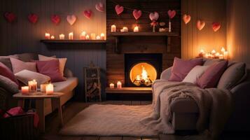 AI generated A cozy living room with a fireplace, decorated with heart-shaped garlands and candles, photo