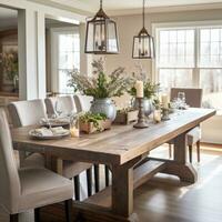 AI generated A dining room with a rustic farmhouse table and wintery centerpieces, photo