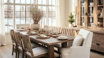 AI generated A dining room with a rustic farmhouse table and wintery centerpieces, photo