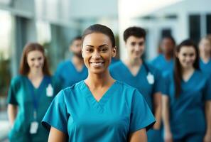 AI generated a female nurse is standing in front of a group of people, i photo