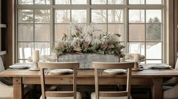 AI generated A dining room with a rustic farmhouse table and wintery centerpieces, photo