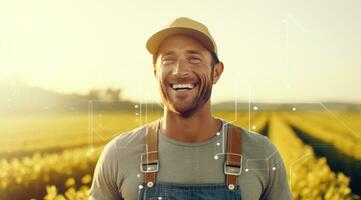 ai generado un granjero es sonriente en un agrícola campo, foto