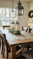 AI generated A dining room with a rustic farmhouse table and wintery centerpieces, photo