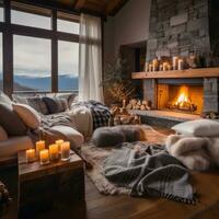 AI generated A cozy living room with a fireplace as the centerpiece, adorned with warm blankets and soft photo